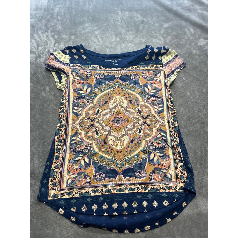 Lucky Brand Womens Small Tunic Top Tee Blue Paisley Bohemian Casual